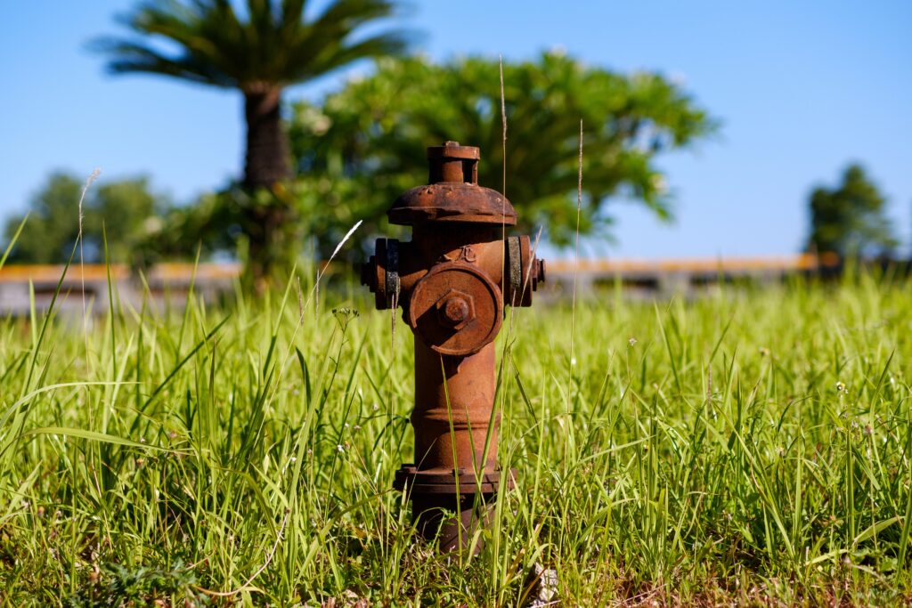 Red yard hydrant in a field of grass